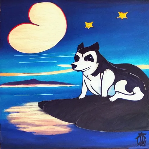 Prompt: okami!!!!!!! resting under a sky full of stars, by a deep!! river, calm, acrylic on canvas, okami, okami, okami, okami, okami, okami, cel shaded, cel shaded, cel shaded, cel shaded