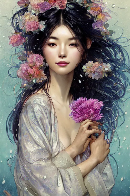 Image similar to portrait of a beautiful woman wearing a yukata, holding a bouquet of flowing flowers, drenched body, silver hair, wet dripping hair, emerging from the water, dark fantasy, regal, fractal crystal, fractal gems, by ross tran, stanley artgerm lau, thomas kindkade, alphonse mucha, loish, norman rockwell