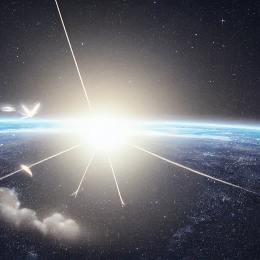 Prompt: a giant spaceship made of absolute clear square glass approaching earth with a trail of heavy dust behind it and meteorites, realistic photograph