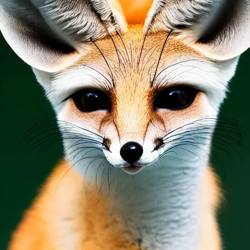 Prompt: close-up portrait of a fennec fox, hyper-realistic, incredibly detailed, highly textured, very beautiful, high contrast studio lighting, 50mm lens