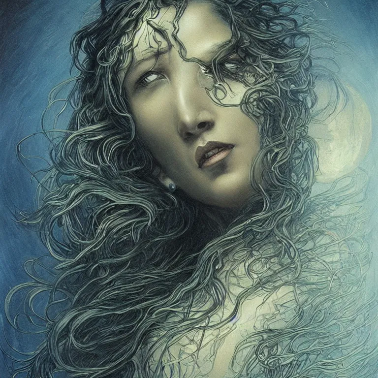 Image similar to beautiful biomechanical moon goddess, flowing hair, intense stare, sweet sarcastic smile, dark blue skin, concept art, realistic oil painting by gustave dore,