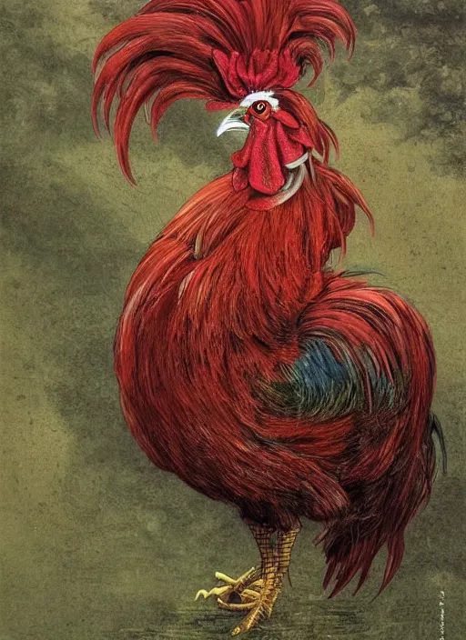 Image similar to a gorgeous rooster japanese art with a red scarf, medium long brown hair, green eyes, is looking at a bird, ethereal, horror, fantasy art by greg rutkowski and magali villeneuve and claude monet