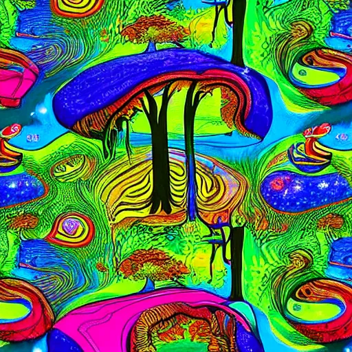 Prompt: psychedelic trippy couch pine forest with woodland critters planets milky way sofa cartoon by dr. seuss