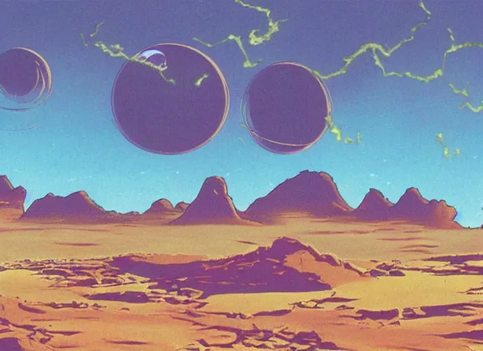 Image similar to 1 9 8 0 s science fiction anime background painting of a desert alien planet