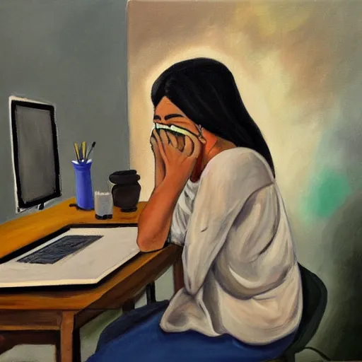 Image similar to a painting of an artist crying in front of a computer