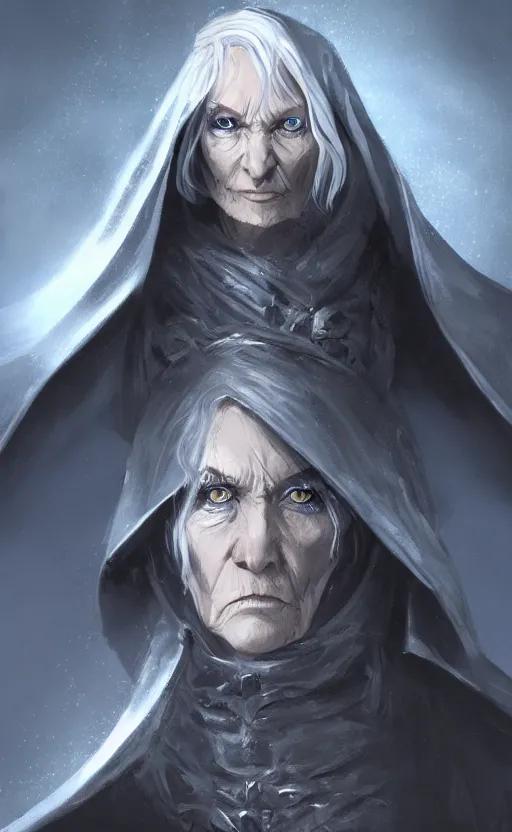 Image similar to an older woman with silver hair and piercing blue eyes. she's wearing a dark, hooded cloak and looks like she knows her way around a sword, dynamic lighting, photorealistic fantasy concept art, trending on art station, stunning visuals, creative, cinematic, ultra detailed