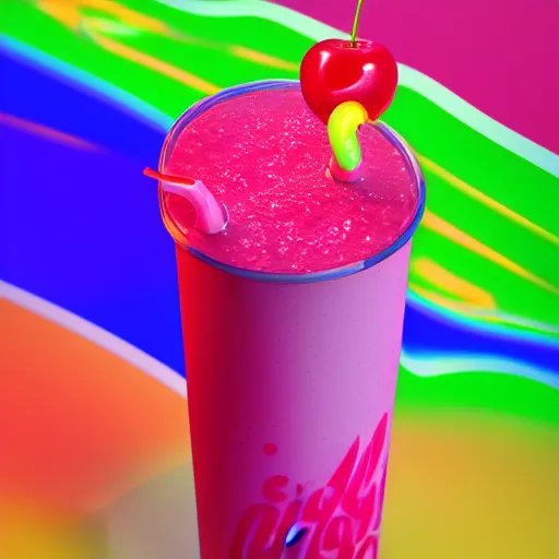 Prompt: cherry limeade smoothie in a big gulp cup, intricate complexity, neon rainbow drip paint, trending on art station, photoreal, surrealist neon drip, 8 k, octane render