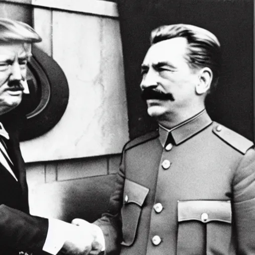 Image similar to photo of stalin and trump shaking hands, award winning photo, 3 5 mm camera, colour