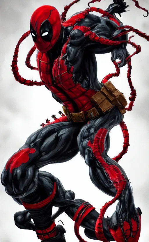 Image similar to venom as deadpool, dynamic lighting, photorealistic fantasy concept art, trending on art station, stunning visuals, terrifying, creative, cinematic