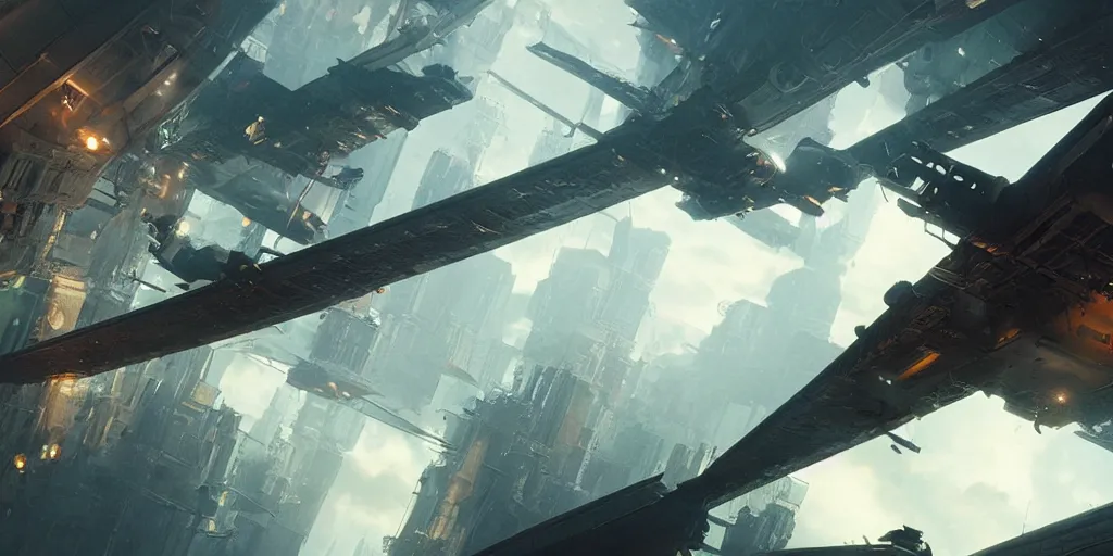 Prompt: screenshot from a renaissance airship cyberpunk first person shooter, fps, cinematography, photo, photography, 4 k, by greg rutkowski, roger deakins, matte painting