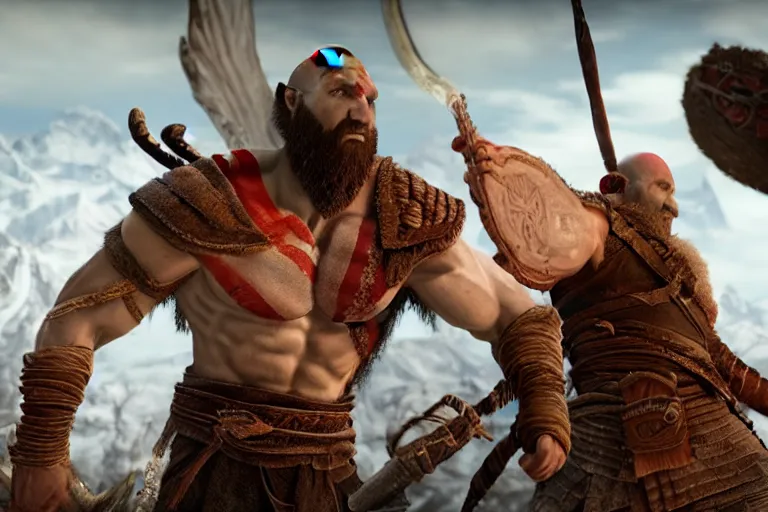 Prompt: cinematic god of war videogame screenshot but everything is made out of ramen noodles