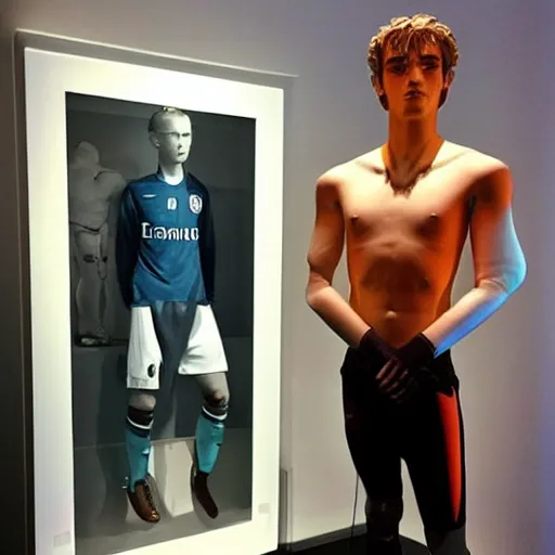 Image similar to “ a realistic detailed photo of a guy who is an attractive humanoid who is half robot and half humanoid, who is a male android, soccer player antoine griezmann, shiny skin, posing like a statue, blank stare, at the museum, on display ”