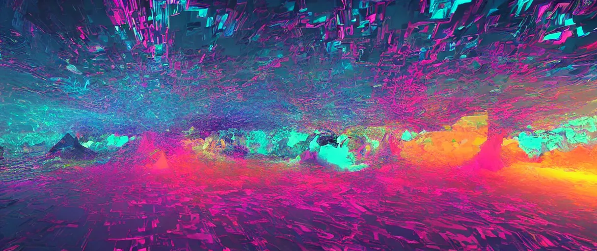 Prompt: dream landscape, simulation, glitch art, generative art, volumetric object, physical particles, translucence, cinematic lighting, iridescence, by ash thorpe