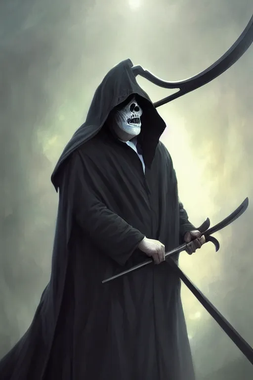 Prompt: Boris Johnson as Grim Reaper in a hood with a scythe, highly detailed, visible face, digital painting, artstation, concept art, smooth, sharp focus, illustration, cinematic lighting, art by artgerm and greg rutkowski and alphonse mucha