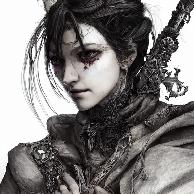 Image similar to the portrait of neutral evil fallen female dark knight vagabond as absurdly beautiful, gorgeous, elegant, sophisticated, young woman, an ultrafine hyperdetailed illustration by kim jung gi, irakli nadar, intricate linework, bright colors, octopath traveler, final fantasy, unreal engine 5 highly rendered, global illumination, radiant light, detailed and intricate environment