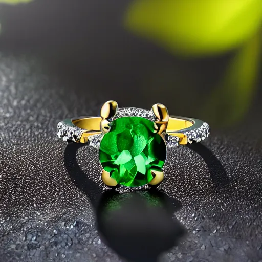 Prompt: frog shaped engagement ring made of emeralds, extremely realistic, studio lighting, 4k