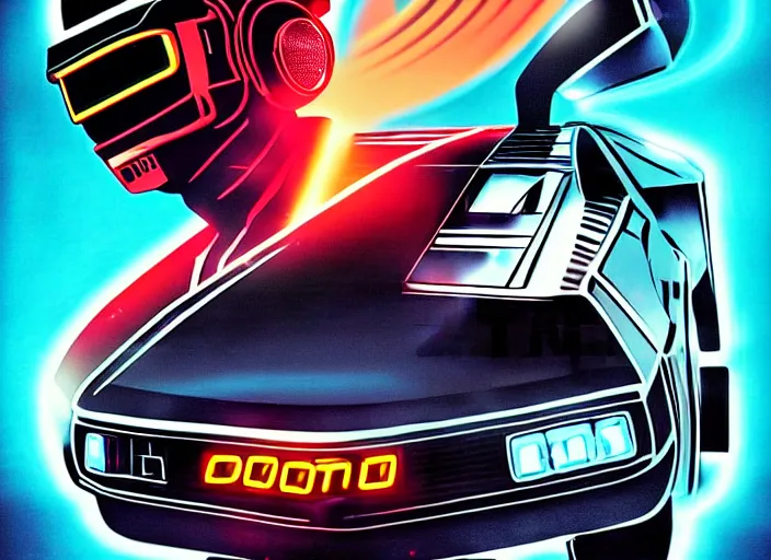 Prompt: back to the future, delorean, knight rider, daft punk, movie picture, synthwave style, tron legacy style