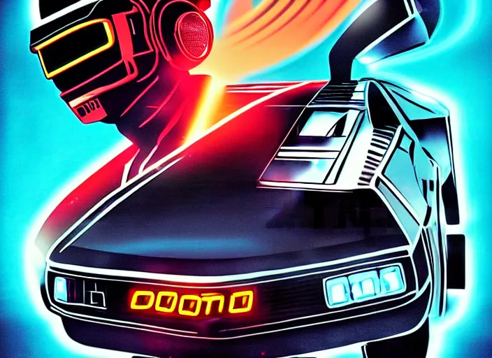 Image similar to back to the future, delorean, knight rider, daft punk, movie picture, synthwave style, tron legacy style