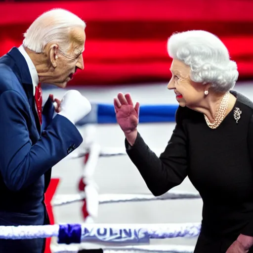 Prompt: queen isabel and joe biden fighting in the ring