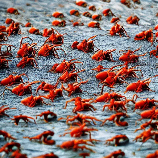 Image similar to mice riding on crabs during the Christmas Island great red crab migration, national geographic photography,