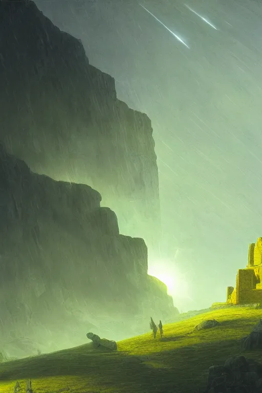 Image similar to yellow glowing ancient temple, green hills, star trails, dramatic lighting, artstation, matte painting, caspar david friedrich, ralph mcquarrie