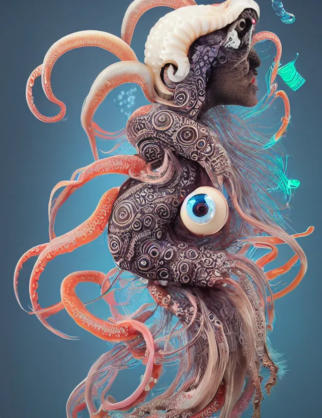 Image similar to 3 d goddess squid half - turn portrait with long hair with ram skull. beautiful intricately detailed japanese crow kitsune mask and clasical japanese kimono. betta fish, jellyfish phoenix, bio luminescent, plasma, ice, water, wind, creature, artwork by tooth wu and wlop and beeple and greg rutkowski