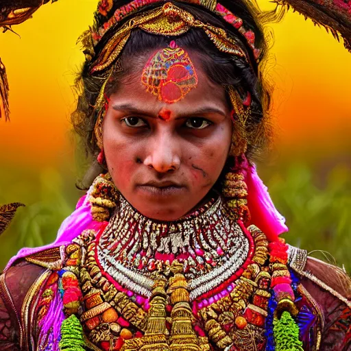 Image similar to photograph of an indian hindu woman in an intricate beautiful dress, ornate, psychedelic, hdr 4 k, award - winning photograph, national geographic