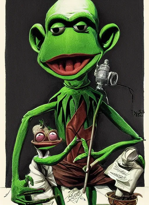 Prompt: Kermit the frog as Nosferatu in Society (1989), highly detailed, centered, solid color background, digital painting, artstation, concept art, smooth, sharp focus, illustration, donato giancola Joseph Christian Leyendecker, Les Edwards, Ed Repka, Basil Gogos, WLOP, Artgerm