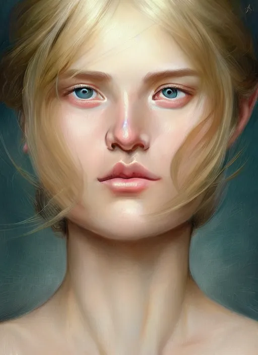 Image similar to beautiful face! portrait of young woman blessed with ever - increasing physical and mental perfection, realism, blonde hair, perfect face!! intricate, elegant, highly detailed, vision of holy perfection!! digital painting, artstation, concept art, smooth, sharp focus, illustration, humanity, art by artgerm and greg rutkowski and alphonse mucha