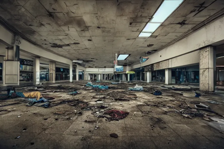 Prompt: low wide angle photo of a abandoned cyberpunk shopping mall with dead human on the floor, a team of soliders are in position, cinematic lightning, ray tracing, unreal engine, photorealistic, detailed, dark, moody, foggy, scary