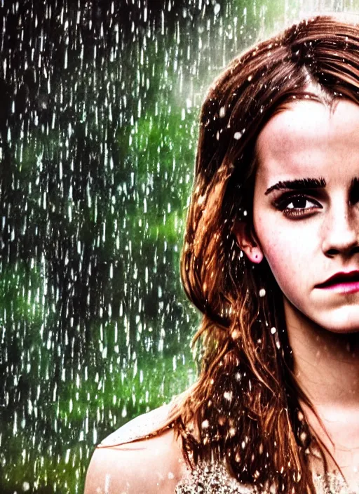 Prompt: Emma Watson for Victorian Secret, perfect face, hot summertime hippie in the rain, psychedelic, full length shot, XF IQ4, 150MP, 50mm, f/1.4, ISO 200, 1/160s, natural light, Adobe Photoshop, Adobe Lightroom, DxO Photolab, Corel PaintShop Pro, rule of thirds, symmetrical balance, depth layering, polarizing filter, Sense of Depth, AI enhanced