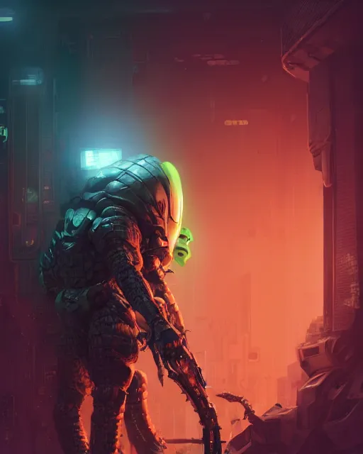 Image similar to Sci-Fi Crocodile alien, armored, big, art by Kashin, Wadim, Martinière, Stephan, Anton Fadeev, holding rifle, sharp focus, pitch black cursed evil Spaceship hallway, dark light, soft purple glow, heroic pose, sci-fi artwork, octane render, dead space artwork, cyberpunk, warm light, occult, magical, volumetric lighting, 8k high definition, highly detailed, trending on art Station, centered, by Greg Rutkovski, sci-fi artwork, arnold render