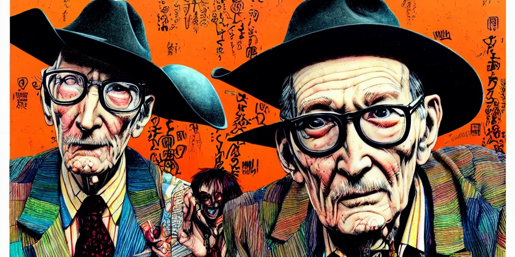 Image similar to full view of william s burroughs, wearing a cowboy hat, style of yoshii chie and hikari shimoda and martine johanna and will eisner, highly detailed