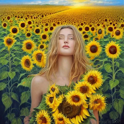 Image similar to a girl slowly walking through amazing tall sunflower field, hair flowing, early morning lightning, bad weather approaching, elegant, subtle, intricate details, real masterpiece, oil on canvas, by karol bak, ayami kojima, artgerm, smile, concept art, fantasy