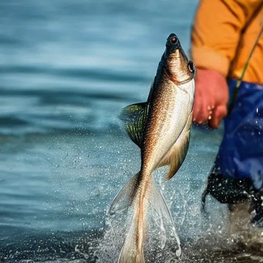 Image similar to closeup of a fish jumping out of the water as a fisherman reels him in