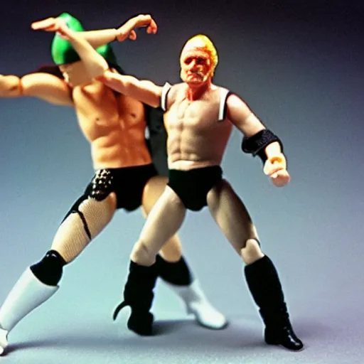 Prompt: WCW sting wrestling action figures fighting in abandoned dollhouse