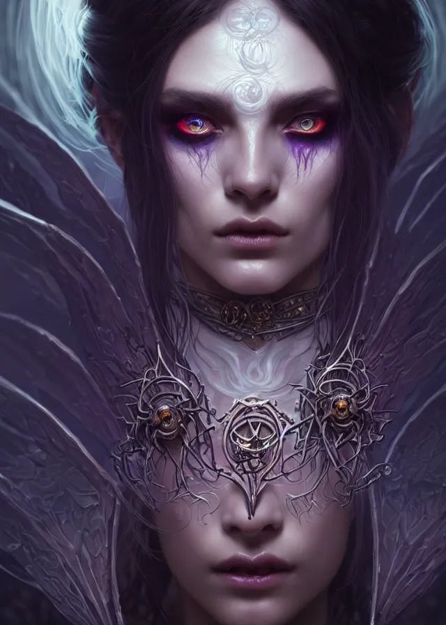 Image similar to Necromancer Sorceress face close-up macro in center, fantasy magic, undercut hairstyle, dark light night, intricate, elegant, sharp focus, illustration, highly detailed, digital painting, concept art, matte, art by WLOP and Artgerm and Greg Rutkowski and Alphonse Mucha, masterpiece