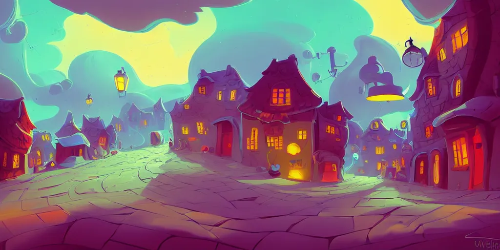 Prompt: curved perspective digital art of curvy clouds in a small village with a cobblestone street by anton fadeev from nightmare before christmas