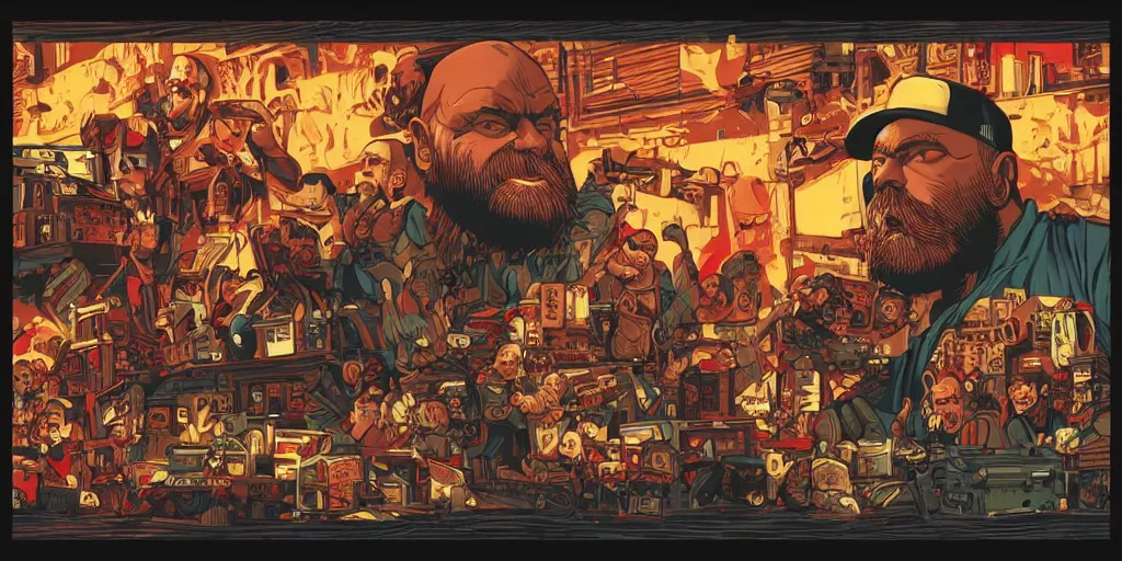 Image similar to a bald man with a big red beard playing video games by dan mumford and sandra chevrier, 4 k