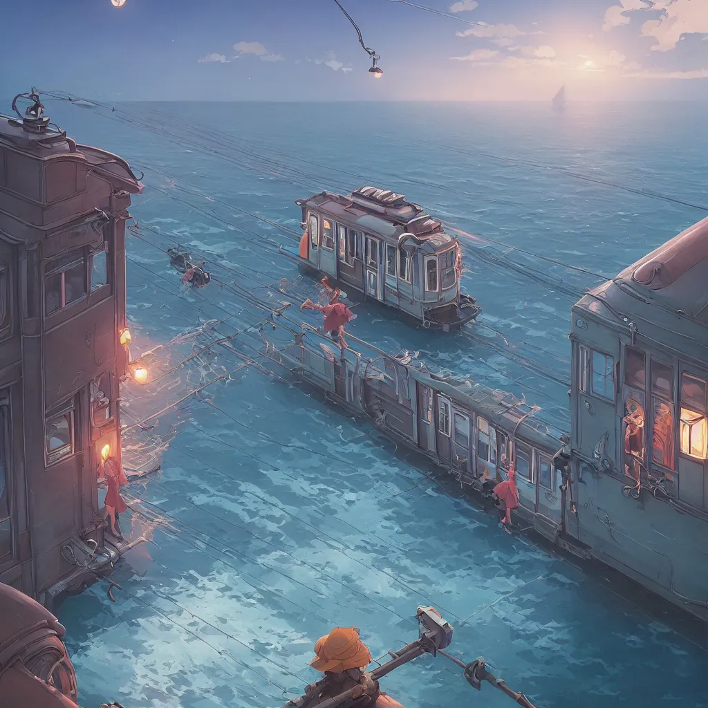 Prompt: a streetcar is running on the sea, unreal engine, fantasy art by greg, loish, rhads, ferdinand knab, makoto shinkai and lois van baarle, ilya kuvshinov, rossdraws, tom bagshaw, night lighting, trending onstudio ghibli, highly detailed, octane render, 8 k