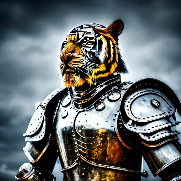 Prompt: photo of a warrior with metal tiger theme armour, 4 k, hdr, smooth, sharp focus, high resolution, award - winning photo