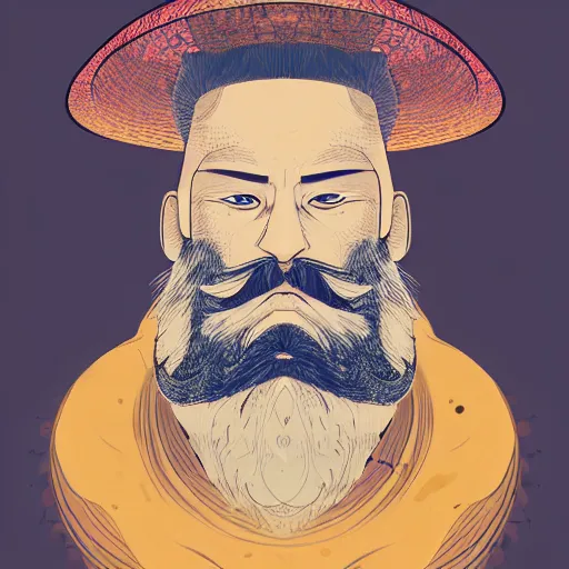 Prompt: ukiyo-e portrait of a bearded man in a mushroom hat, studio lightning, bright colors, intricate, masterpiece, photorealistic, hiperrealistic, sharp focus, high contrast, Artstation HQ, DeviantArt trending, 4k UHD, Unreal Engine 5