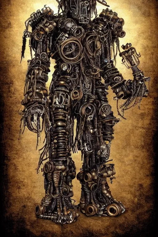 Prompt: wild monstorous anthropomorphic biomechanical bear shaman-warrior wearing and voodoo artifacts. Wearing dreadlocks made of cables and wires. Upgraded with hightech cyberwares. huge, big, giant bear human hybrid, mecha animal, tall, detailed woodcut armor, terrifying and dangerous, scary, beautiful, steampunk monster android hybrid art portrait, matte scifi fantasy painting, half robot half bear. DeviantArt Artstation, by Jason Felix by Steve Argyle by Tyler Jacobson by Peter Mohrbacher, cinematic lighting