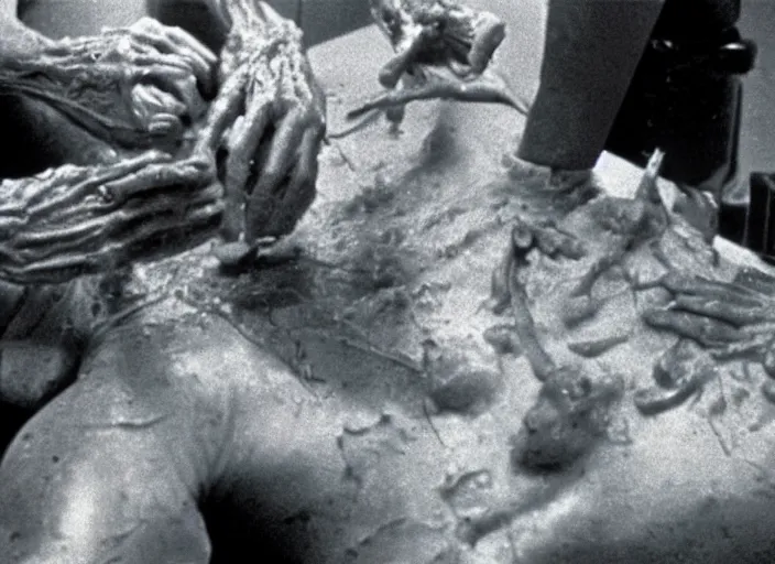 Prompt: disturbing 3 5 mm photography of a dissection of a human horror film practical fx by david cronenberg ridley scott 1 9 7 0