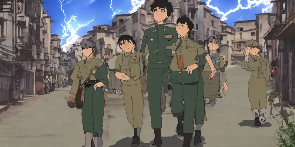 Image similar to wholesome animation studio Ghibli of a young soldier walking near some nazists and tanks in the city of Genova. Sharp bloom dramatic lightning