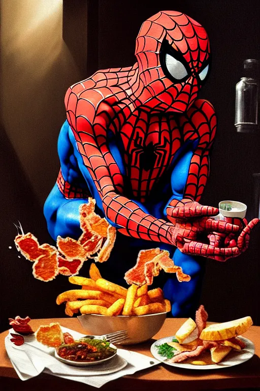 Prompt: spider - man eating fried eggs and bacon, oil painting, high detail, dark lighting, atmospheric, extremely detailed, intricate, da vinci, michelangelo, caravaggio, hans holbein, raphael, donatello, 8 k