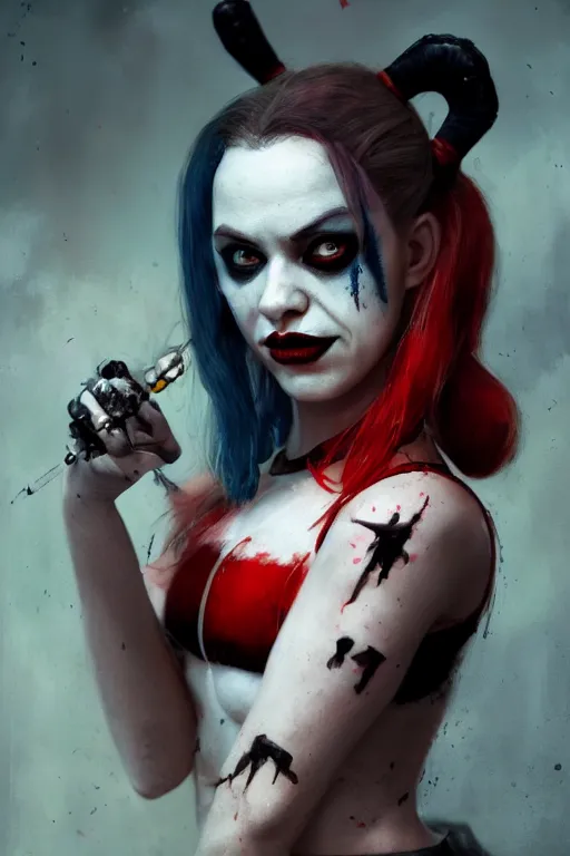 Image similar to a portrait of a scary Harley Quinn by Greg Rutkowski, Sung Choi, Mitchell Mohrhauser, Maciej Kuciara, Johnson Ting, Maxim Verehin, Peter Konig, final fantasy , mythical, 8k photorealistic, cinematic lighting, HD, high details, atmospheric,