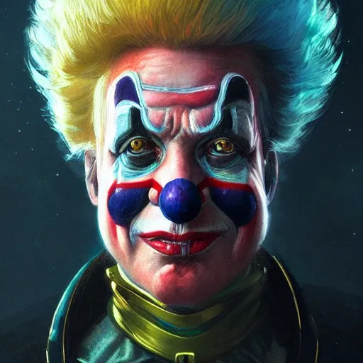 Prompt: scifi character portrait Painting of a futuristic trump clown, dystopian mood, intricate, wild, highly detailed, digital painting, artstation, concept art, smooth, sharp focus, illustration, art by artgerm and greg rutkowski and alphonse mucha