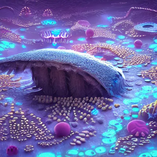 Image similar to chest plate, floating, rbc, radiolaria, protophyta, micro - organisms, center frame, symmetric, rim light, marine microbiology, bioluminescence, electric, fur, soft, concept art, intricate details, highly detailed, colorful, photorealistic, disney pixar, octane render, iridescent, anime, 8 k