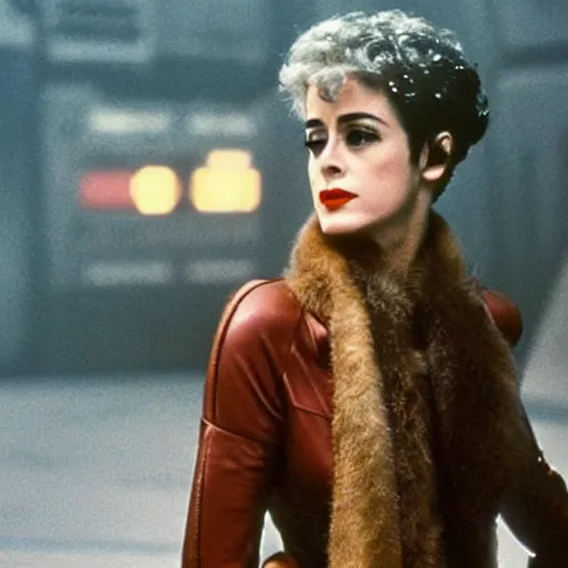 Prompt: photo of Sean Young dressed like Deckard in Blade Runner, realistic.